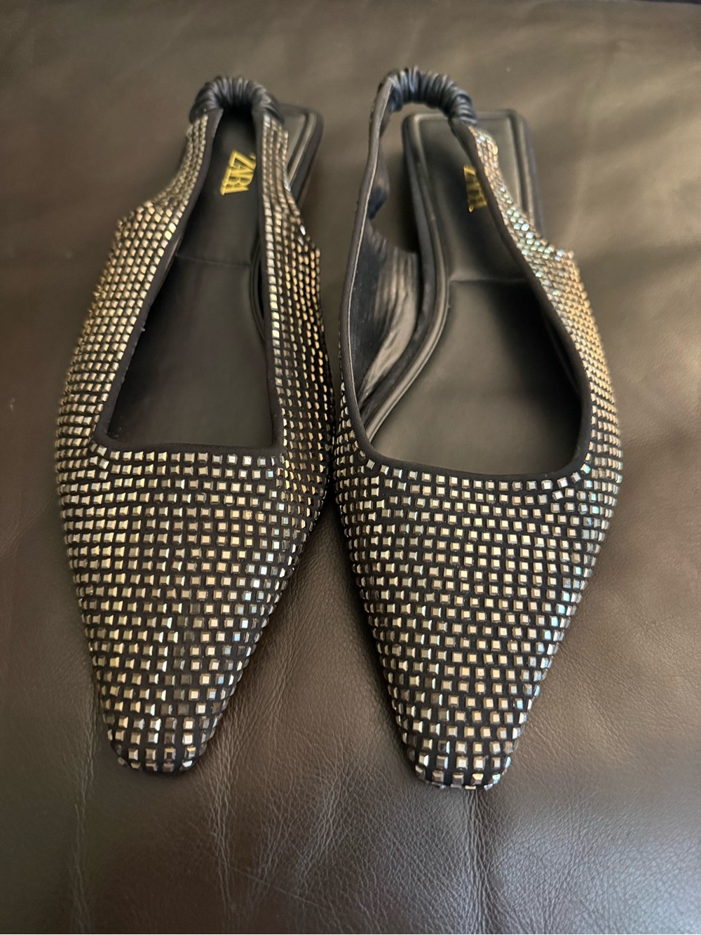 Zara Black Rhinestone-Embellished Pointed Slingback Flats